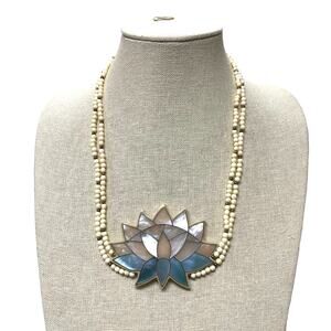 Vintage Lotus Pendant 2 Strand Beaded Mother Of Pearl Necklace